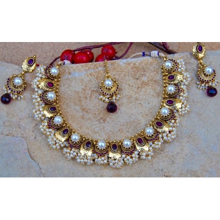 Ethnic Purple Pearl Necklace Set with Maang Tikka